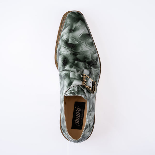 Mauri Alligator Dress Shoe with Buckle - White smoke and hunter green in color