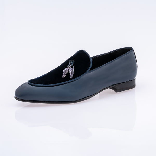 Mauri slip on dress shoe patent leather and velvet- wonder blue in color
