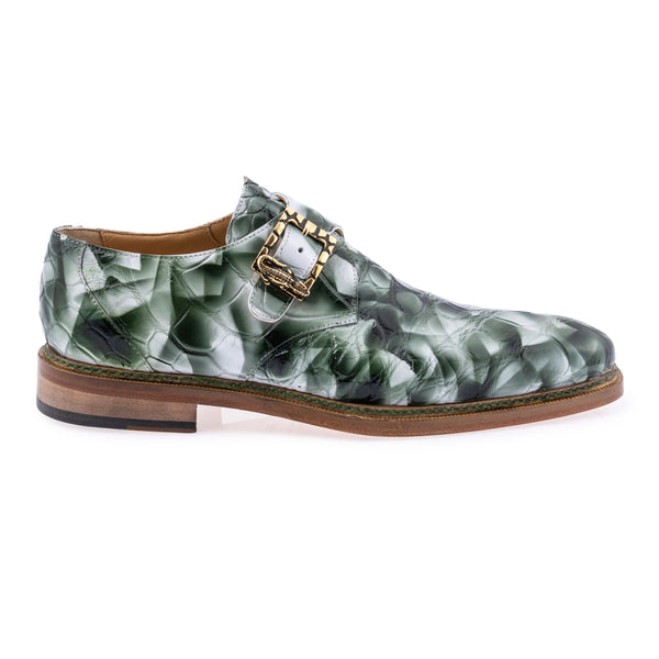 Mauri Alligator Dress Shoe with Buckle - White smoke and hunter green in color