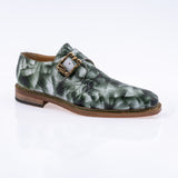 Mauri Alligator Dress Shoe with Buckle - White smoke and hunter green in color