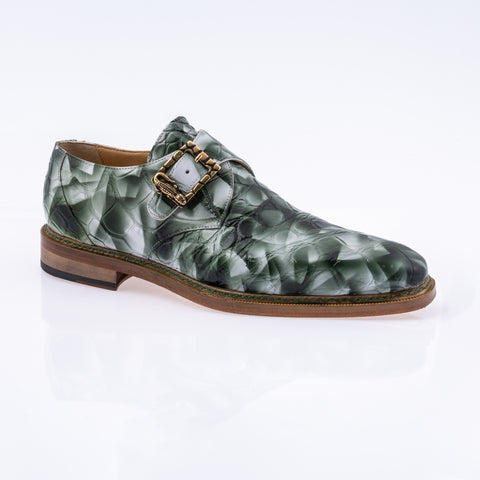 Mauri Alligator Dress Shoe with Buckle - White smoke and hunter green in color