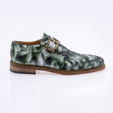 Mauri Alligator Dress Shoe with Buckle - White smoke and hunter green in color