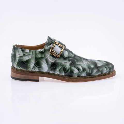 Mauri Alligator Dress Shoe with Buckle - White smoke and hunter green in color