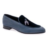 Mauri slip on dress shoe patent leather and velvet- wonder blue in color