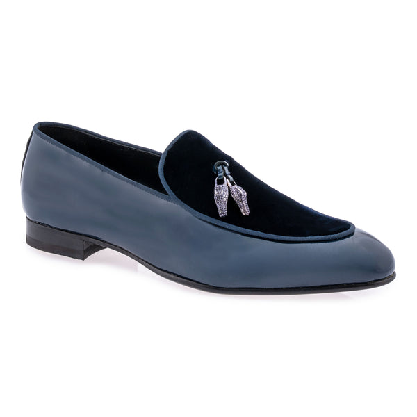 Mauri slip on dress shoe patent leather and velvet- wonder blue in color