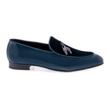 Mauri slip on dress shoe patent leather and velvet- wonder blue in color