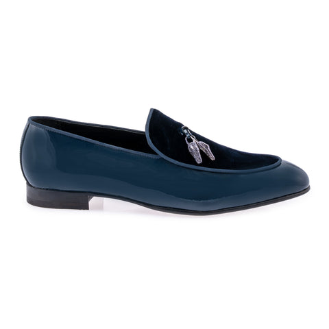 Mauri slip on dress shoe patent leather and velvet- wonder blue in color