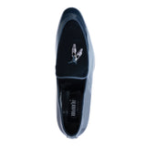 Mauri slip on dress shoe patent leather and velvet- wonder blue in color