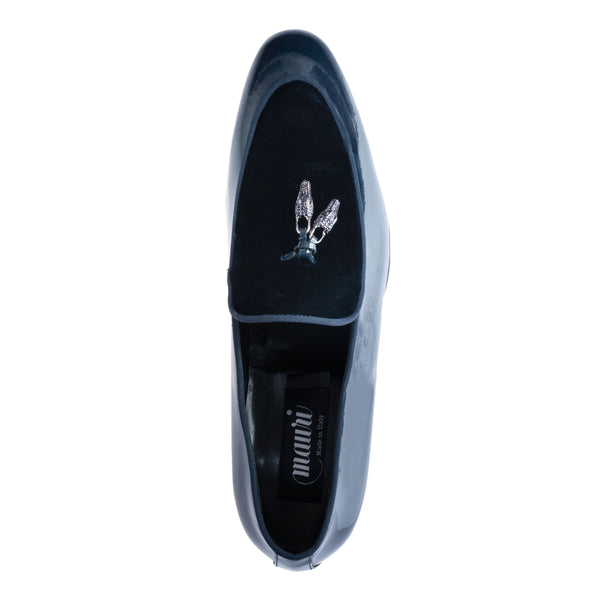 Mauri slip on dress shoe patent leather and velvet- wonder blue in color