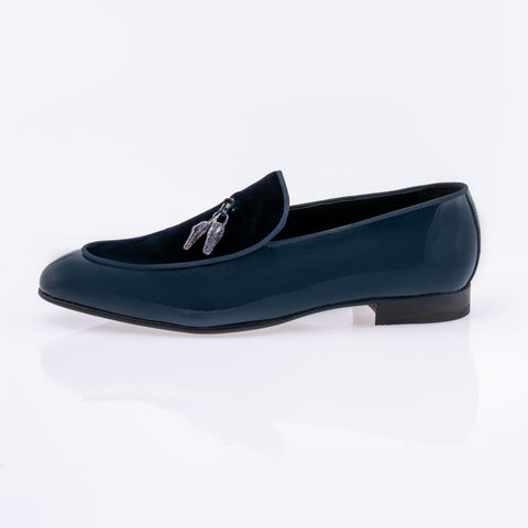 Mauri slip on dress shoe patent leather and velvet- wonder blue in color