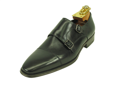 Carrucci Genuine Calf Skin Leather With Two Monk Strap Shoes - Black