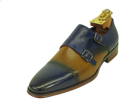 Carrucci Genuine Calf Skin Leather With Two Monk Strap Shoes - Blue/Tan